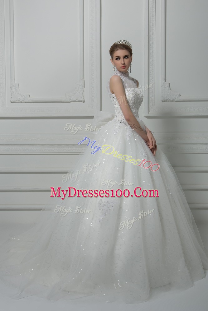 Sumptuous White Ball Gowns Tulle High-neck Sleeveless Beading and Lace and Bowknot Lace Up Wedding Gown Brush Train