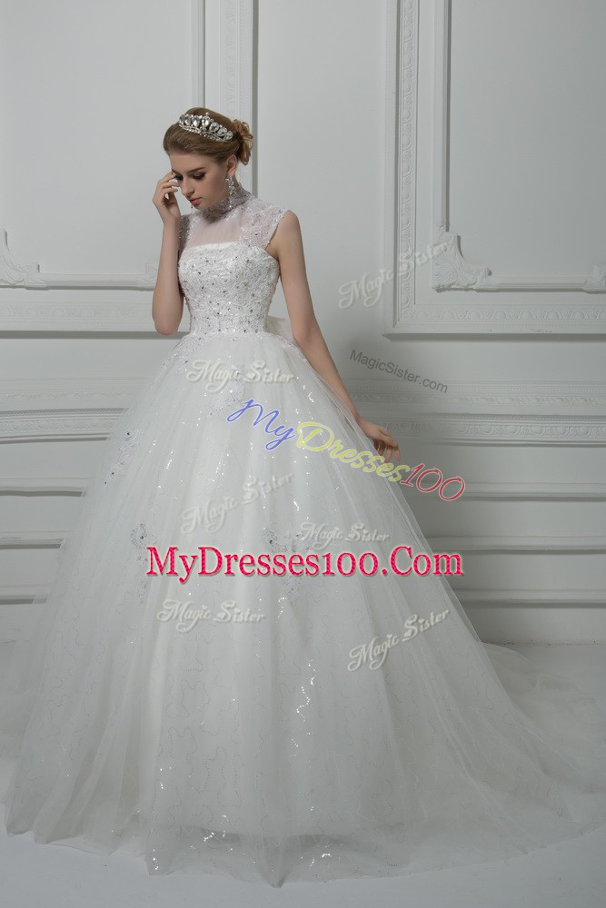 Sumptuous White Ball Gowns Tulle High-neck Sleeveless Beading and Lace and Bowknot Lace Up Wedding Gown Brush Train