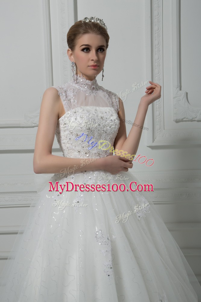 Sumptuous White Ball Gowns Tulle High-neck Sleeveless Beading and Lace and Bowknot Lace Up Wedding Gown Brush Train