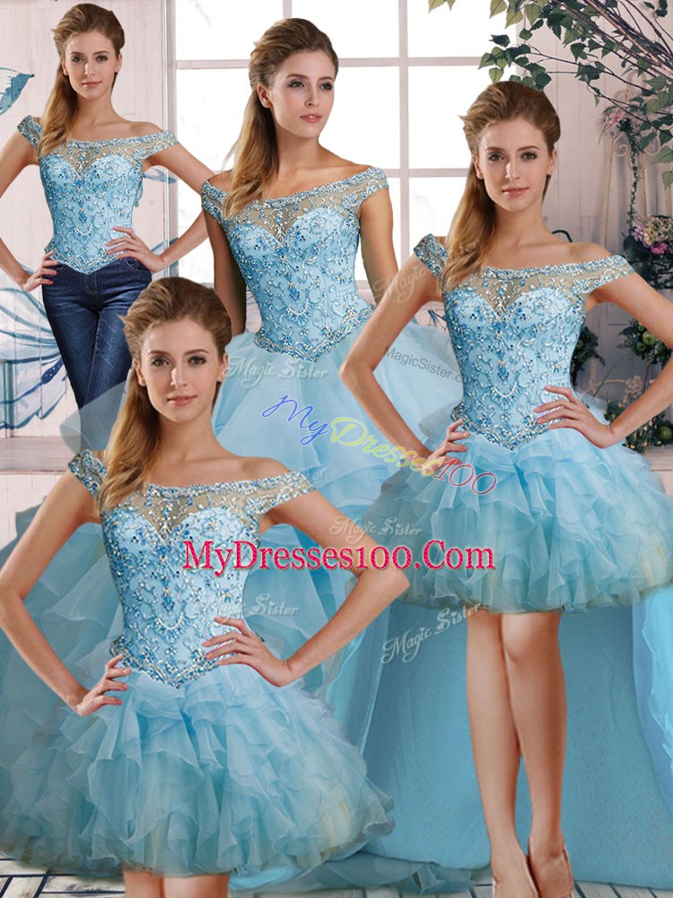 Sleeveless Organza Floor Length Lace Up Sweet 16 Dresses in Light Blue with Beading and Ruffles