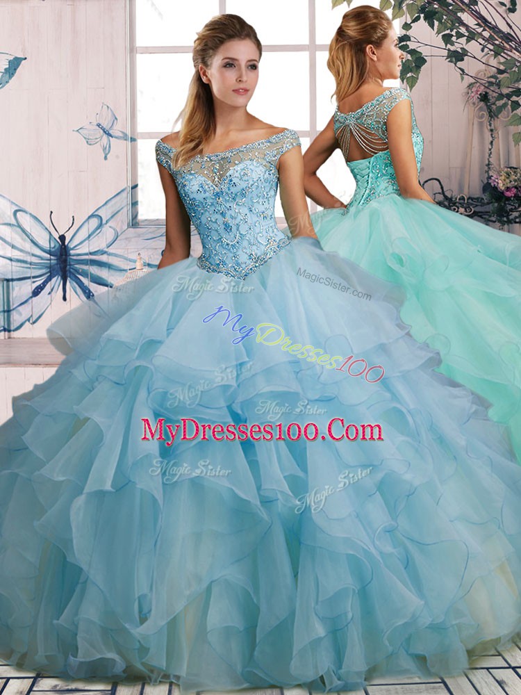 Sleeveless Organza Floor Length Lace Up Sweet 16 Dresses in Light Blue with Beading and Ruffles