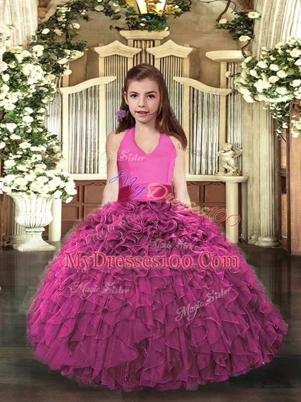 Superior Hot Pink Ball Gowns Organza Halter Top Sleeveless Ruffles Floor Length Lace Up Little Girl Pageant Gowns