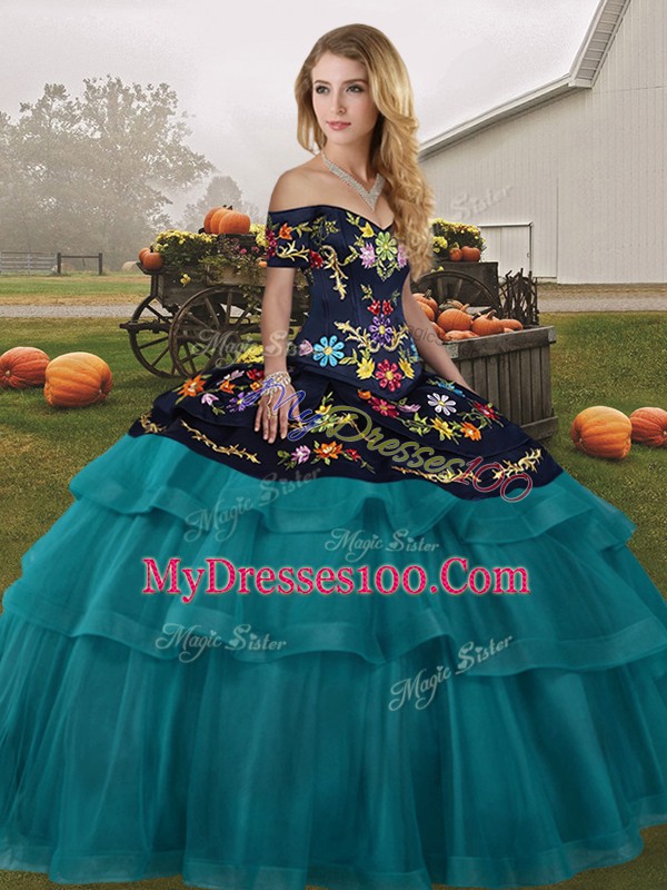 Captivating Teal Ball Gowns Embroidery and Ruffled Layers 15th Birthday Dress Lace Up Tulle Sleeveless