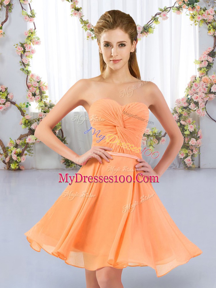 Flirting Mini Length Orange Quinceanera Dama Dress Chiffon Sleeveless Ruching