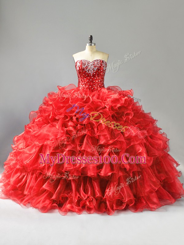 Red Quinceanera Gowns Sweet 16 and Quinceanera with Beading and Ruffles and Sequins Sweetheart Sleeveless Lace Up