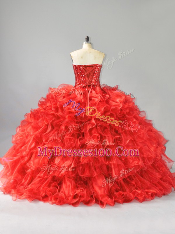 Red Quinceanera Gowns Sweet 16 and Quinceanera with Beading and Ruffles and Sequins Sweetheart Sleeveless Lace Up