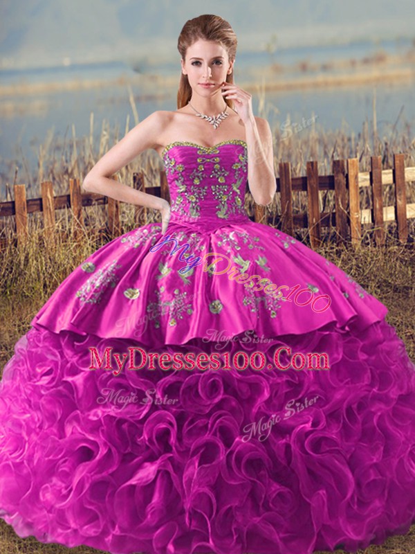 Ball Gowns Sleeveless Fuchsia Sweet 16 Dress Brush Train Lace Up