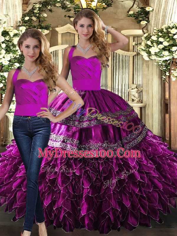 High Class Floor Length Fuchsia Quinceanera Gown Organza Sleeveless Embroidery and Ruffles