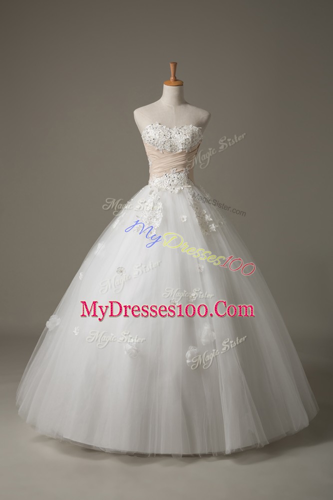 Excellent Tulle Sleeveless Floor Length Wedding Dress and Beading and Appliques