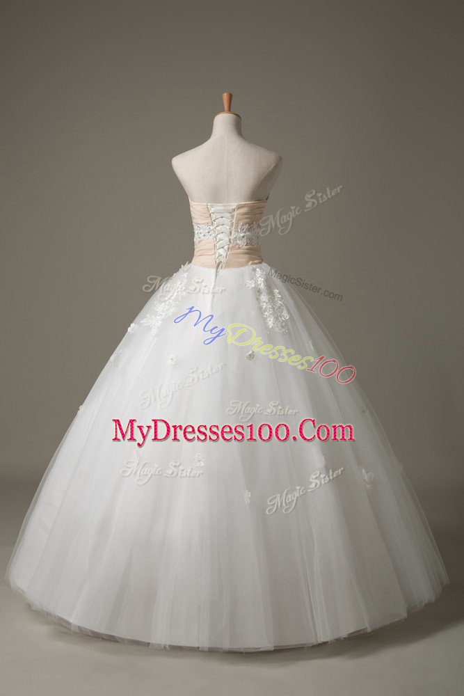 Excellent Tulle Sleeveless Floor Length Wedding Dress and Beading and Appliques