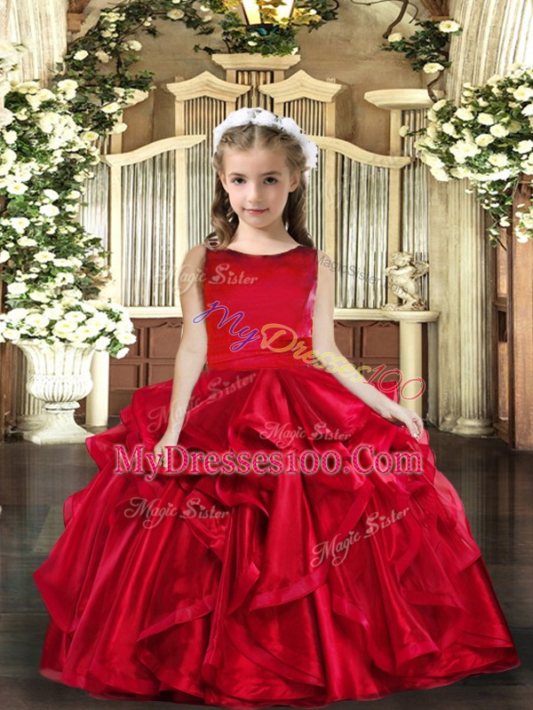 Unique Red Scoop Neckline Ruffles Little Girl Pageant Dress Sleeveless Lace Up