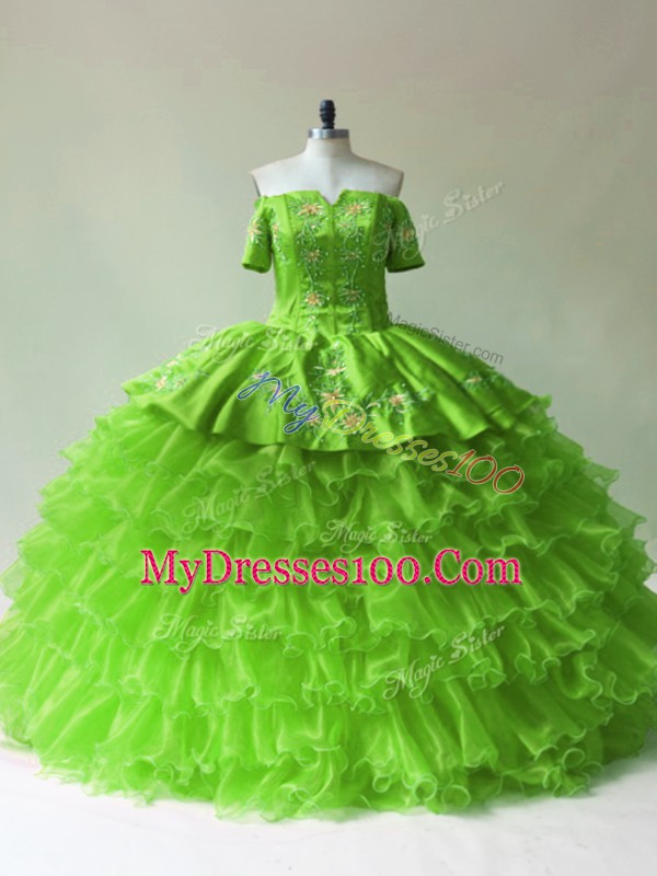 Smart Ball Gowns Embroidery and Ruffled Layers Sweet 16 Dress Lace Up Organza Sleeveless Floor Length