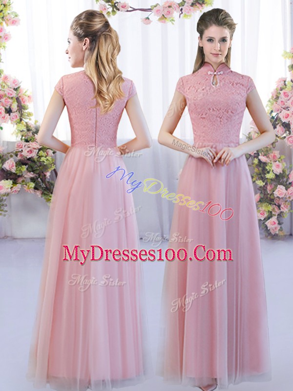 Exquisite Empire Wedding Guest Dresses Pink High-neck Tulle Cap Sleeves Floor Length Zipper