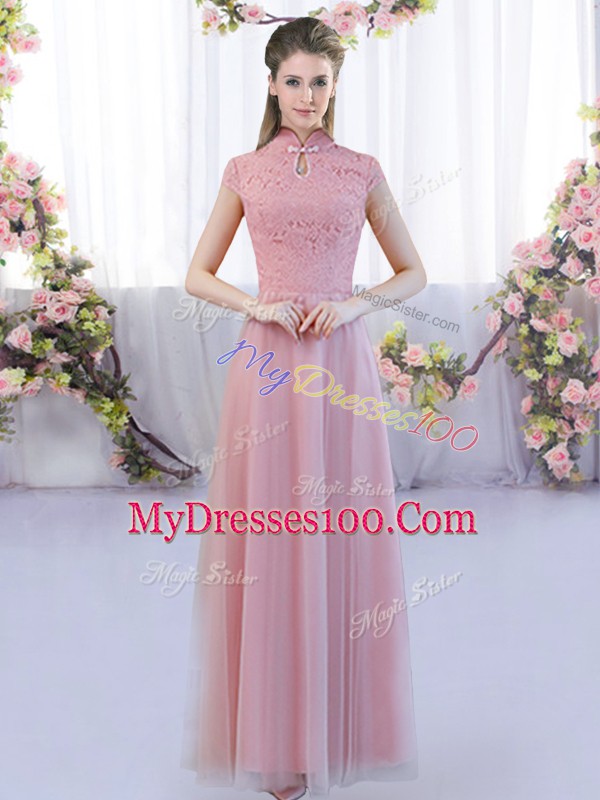 Exquisite Empire Wedding Guest Dresses Pink High-neck Tulle Cap Sleeves Floor Length Zipper