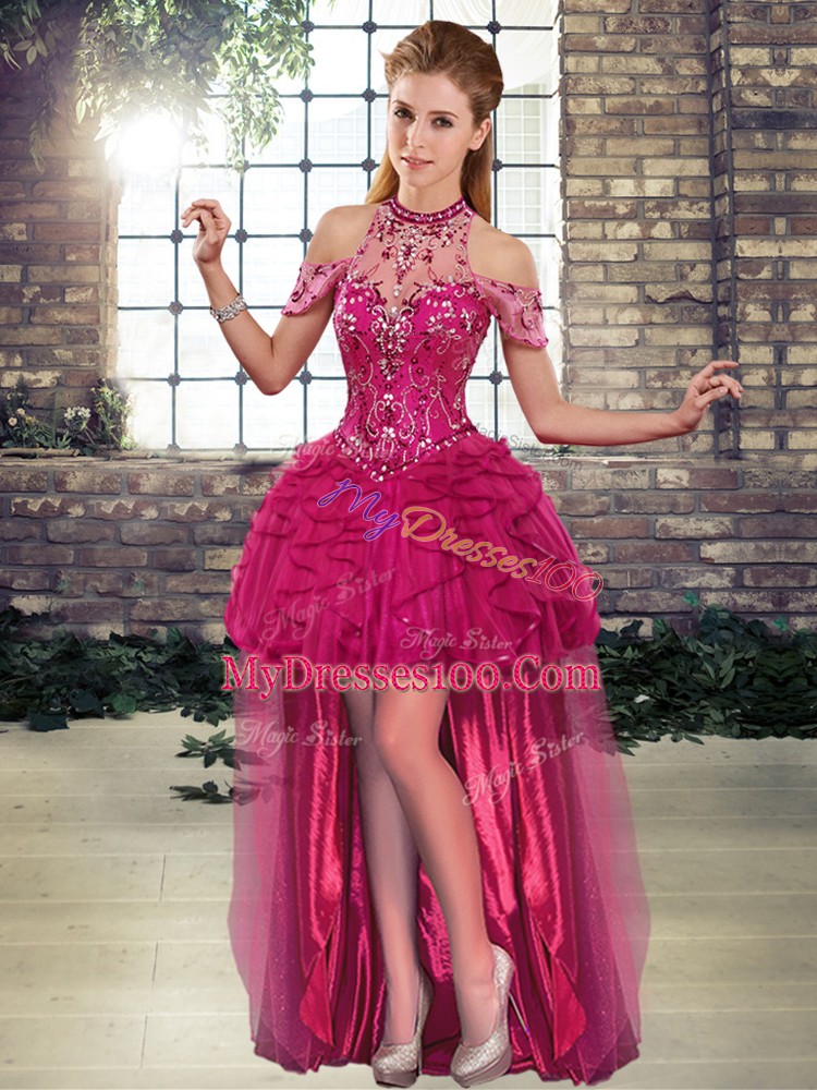 Elegant Sleeveless High Low Beading and Ruffles Lace Up Homecoming Dress with Fuchsia