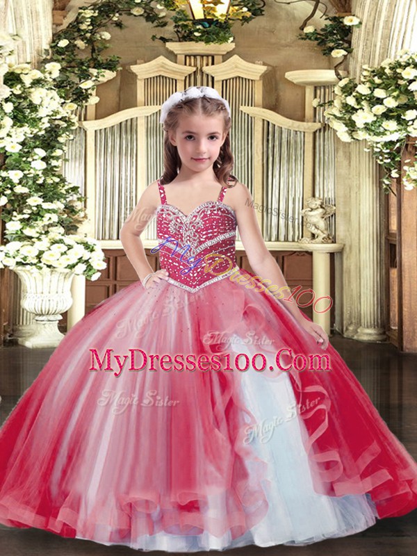 Top Selling Red Ball Gowns Tulle Straps Sleeveless Beading Floor Length Lace Up Little Girls Pageant Dress Wholesale