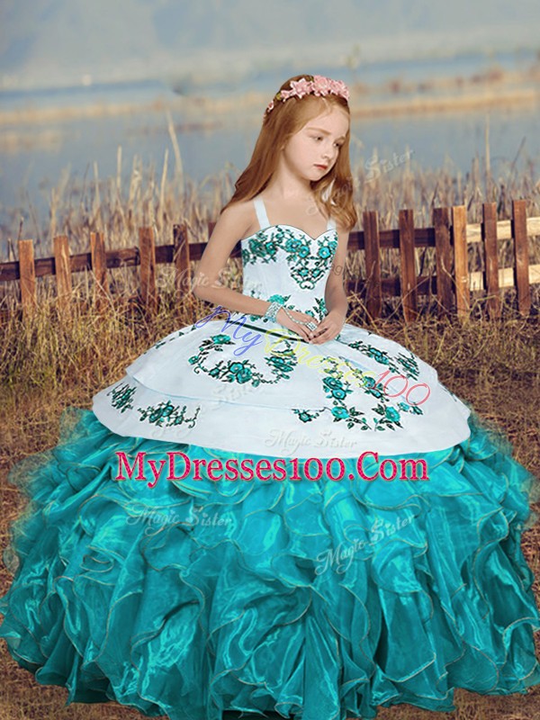 Dramatic Aqua Blue Lace Up Straps Embroidery and Ruffles Child Pageant Dress Organza Sleeveless