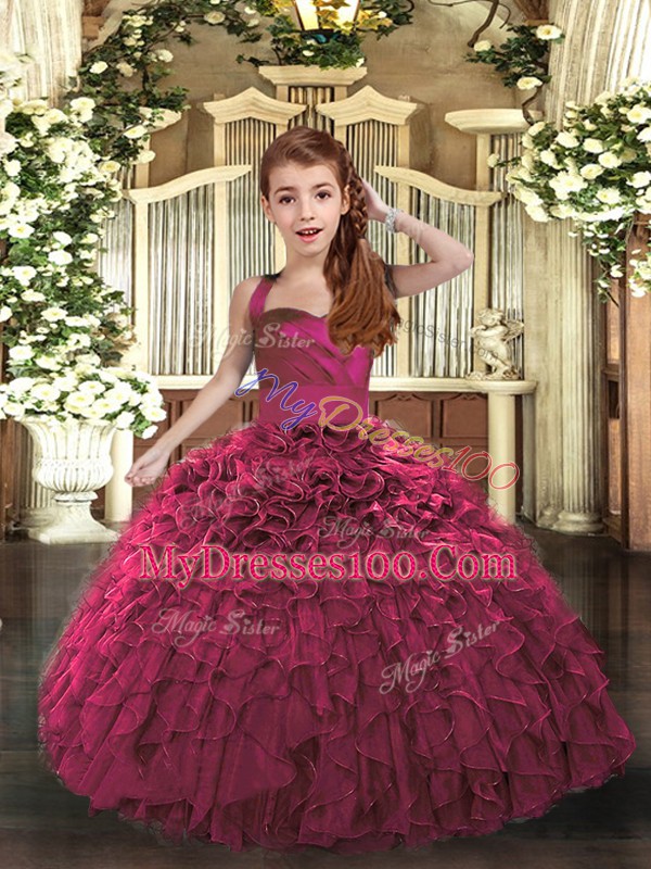 Floor Length Lace Up Little Girls Pageant Gowns Fuchsia for Party and Wedding Party with Ruffles