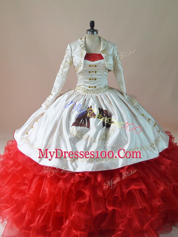 Super White And Red Satin and Organza Lace Up Ball Gown Prom Dress Sleeveless Floor Length Brush Train Embroidery and Ruffles