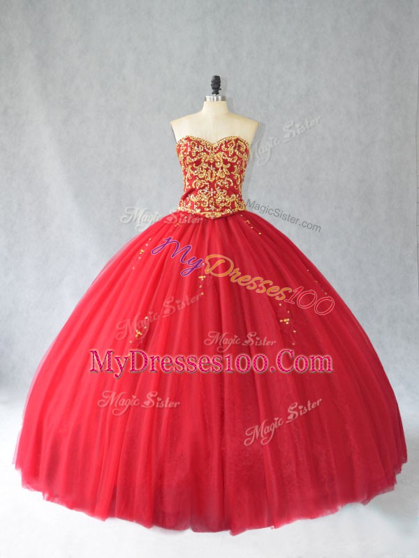 Most Popular Brush Train Ball Gowns Quince Ball Gowns Red Sweetheart Tulle Sleeveless Lace Up