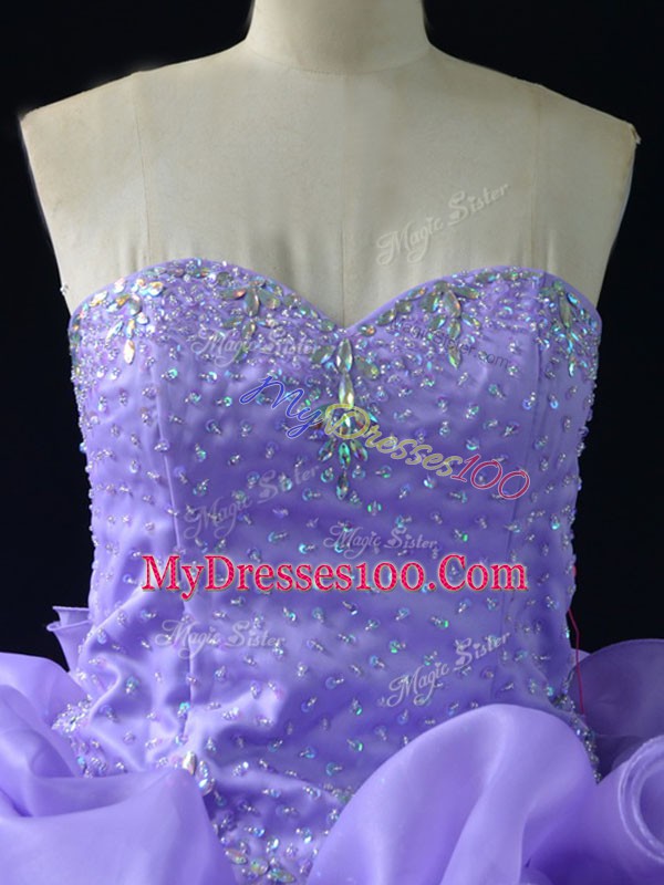 Lavender Ball Gowns Organza Sweetheart Sleeveless Beading and Pick Ups and Hand Made Flower Lace Up Quince Ball Gowns