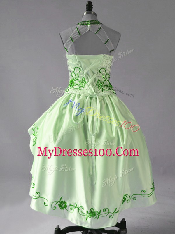 Halter Top Sleeveless Satin and Organza Prom Evening Gown Embroidery and Ruffles Lace Up