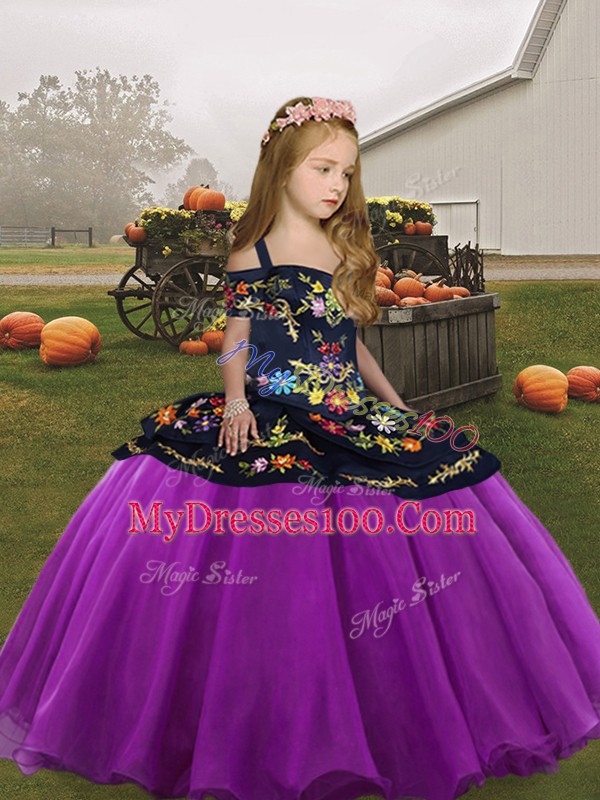 Purple Lace Up Child Pageant Dress Embroidery Sleeveless Floor Length