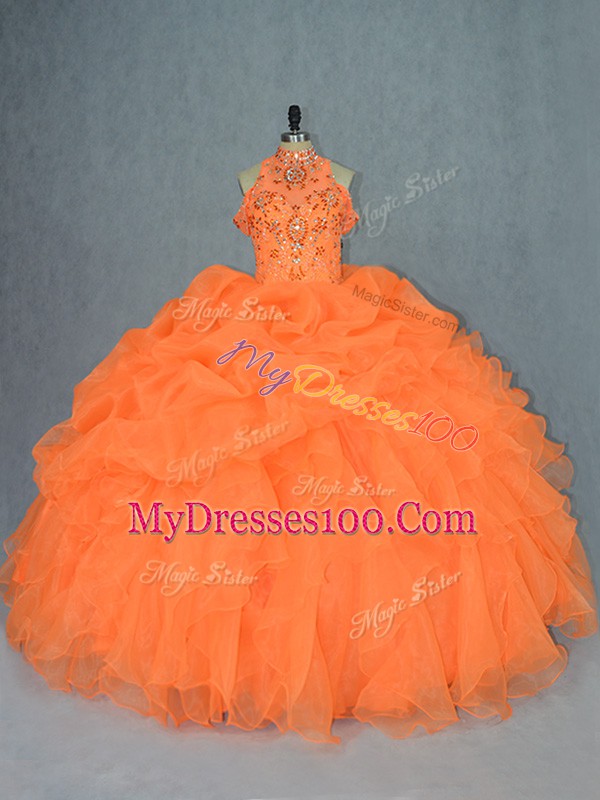 Free and Easy Orange Ball Gowns Organza High-neck Sleeveless Beading and Ruffles Floor Length Lace Up 15 Quinceanera Dress