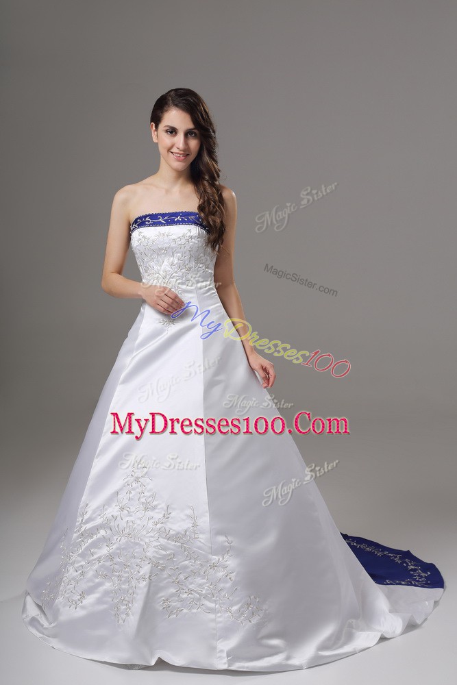 Nice White Ball Gowns Strapless Sleeveless Satin Brush Train Lace Up Beading and Embroidery Wedding Dresses