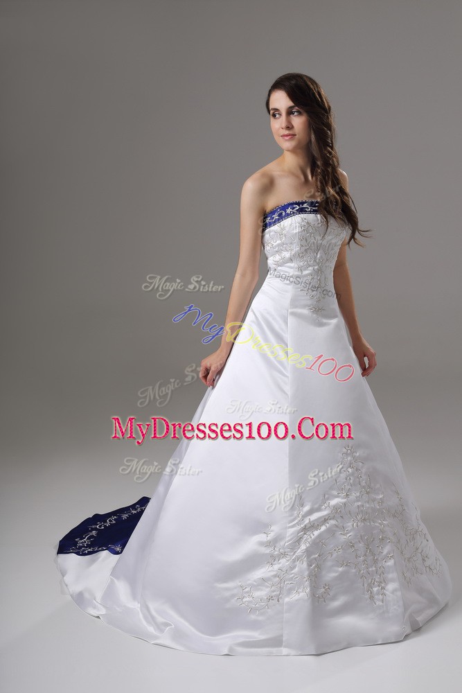 Nice White Ball Gowns Strapless Sleeveless Satin Brush Train Lace Up Beading and Embroidery Wedding Dresses