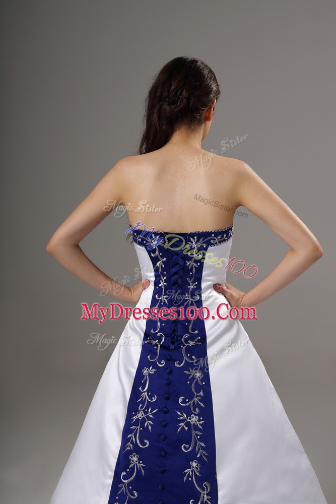 Nice White Ball Gowns Strapless Sleeveless Satin Brush Train Lace Up Beading and Embroidery Wedding Dresses