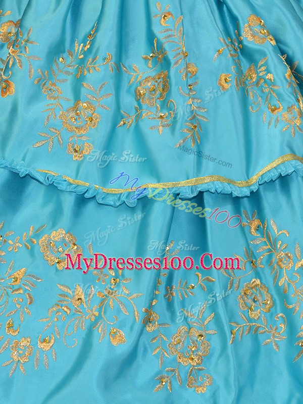 Baby Blue Sleeveless Embroidery and Ruffled Layers Floor Length Vestidos de Quinceanera