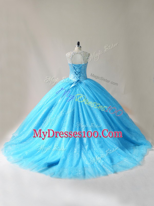 Smart Scoop Sleeveless Vestidos de Quinceanera Floor Length Court Train Beading and Appliques Baby Blue Organza