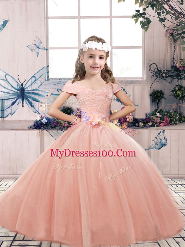 Peach Sleeveless Floor Length Lace and Belt Lace Up Child Pageant Dress