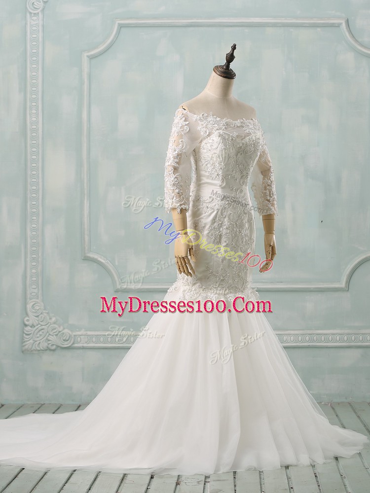 Cute Tulle 3 4 Length Sleeve Wedding Dress Watteau Train and Lace