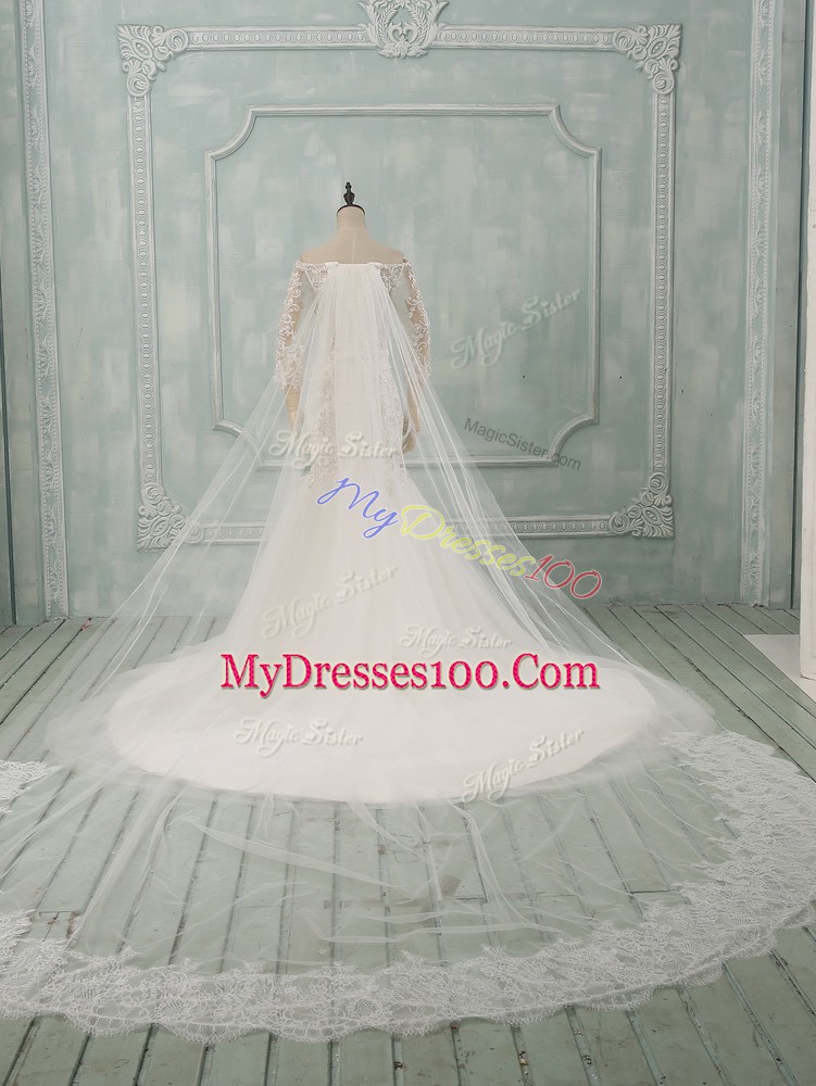 Cute Tulle 3 4 Length Sleeve Wedding Dress Watteau Train and Lace