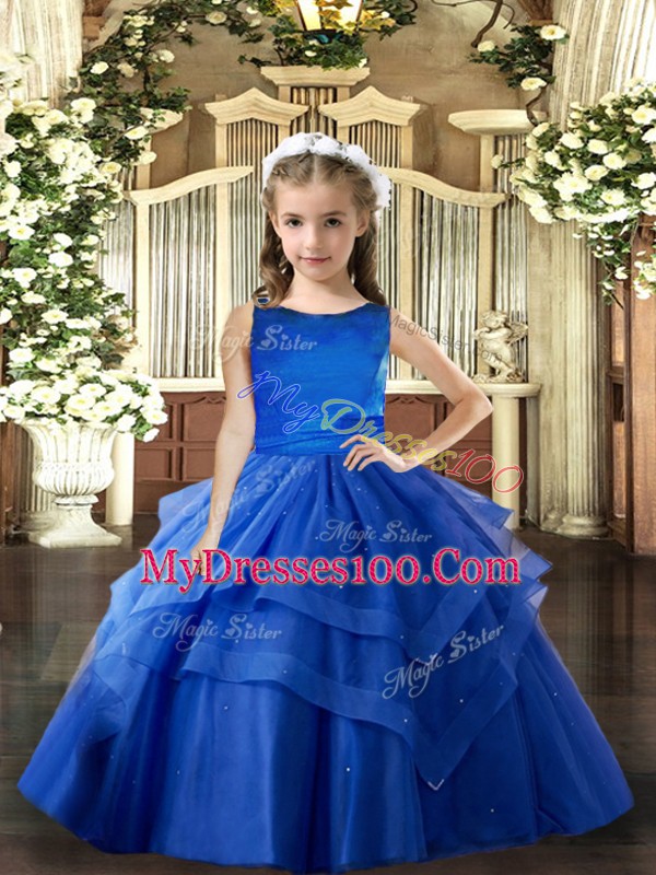 Royal Blue Sleeveless Floor Length Ruffled Layers Lace Up Little Girls Pageant Dress Wholesale