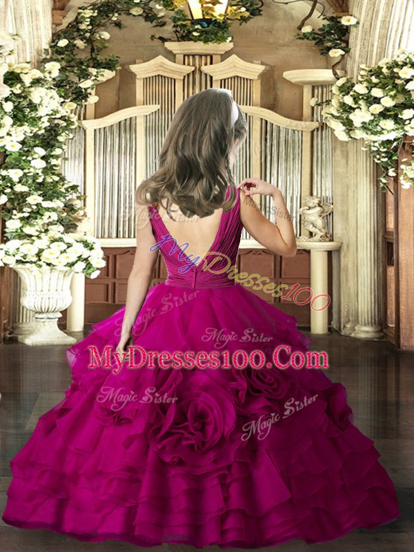 Floor Length Fuchsia Little Girls Pageant Dress Wholesale V-neck Sleeveless Backless