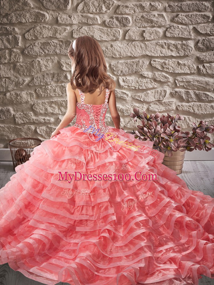 Watermelon Red Lace Up Little Girl Pageant Gowns Beading and Ruffled Layers Brush Train