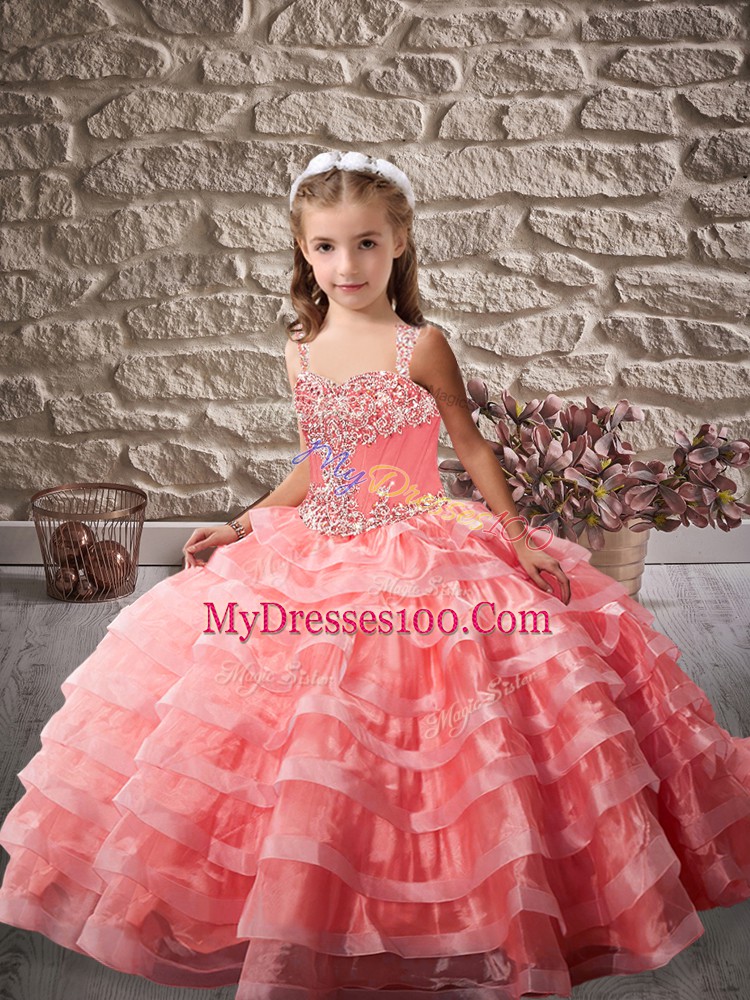 Watermelon Red Lace Up Little Girl Pageant Gowns Beading and Ruffled Layers Brush Train