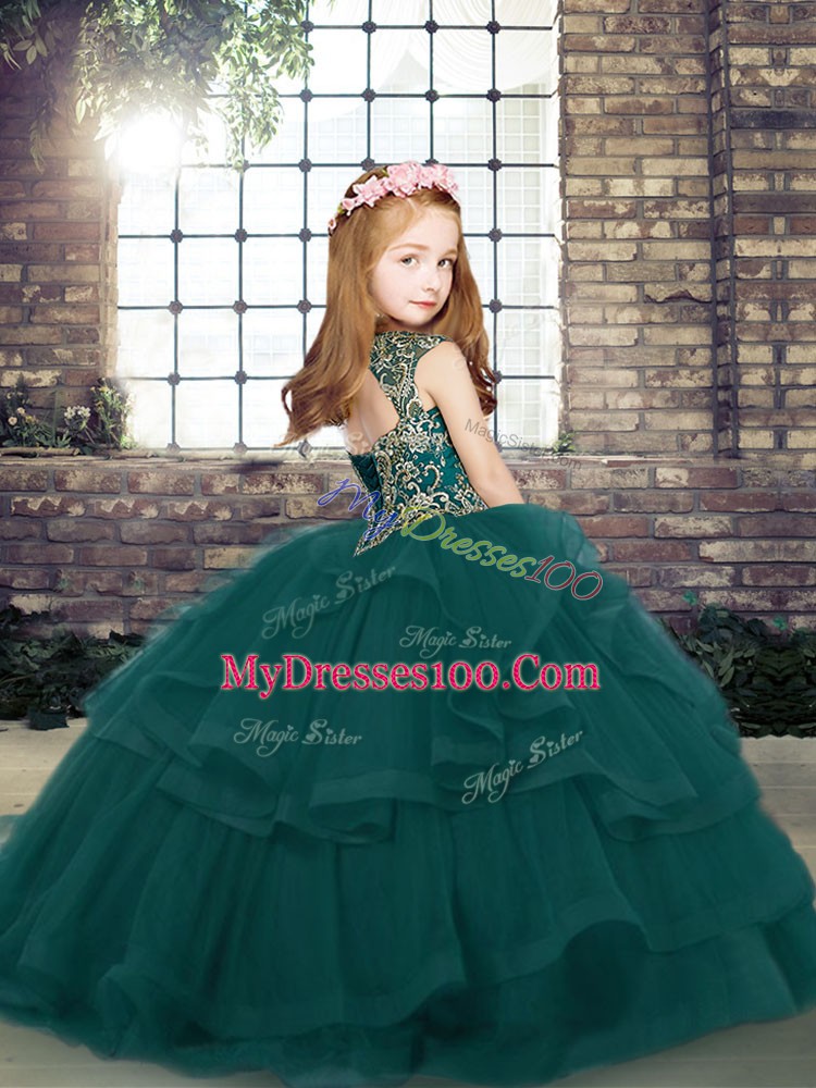 Straps Sleeveless Tulle Little Girl Pageant Gowns Beading Lace Up