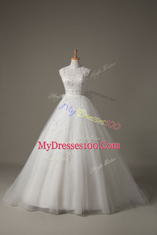 Unique High-neck Sleeveless Tulle Wedding Gowns Beading and Lace and Bowknot Brush Train Lace Up