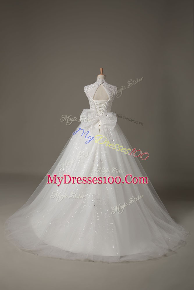 Unique High-neck Sleeveless Tulle Wedding Gowns Beading and Lace and Bowknot Brush Train Lace Up