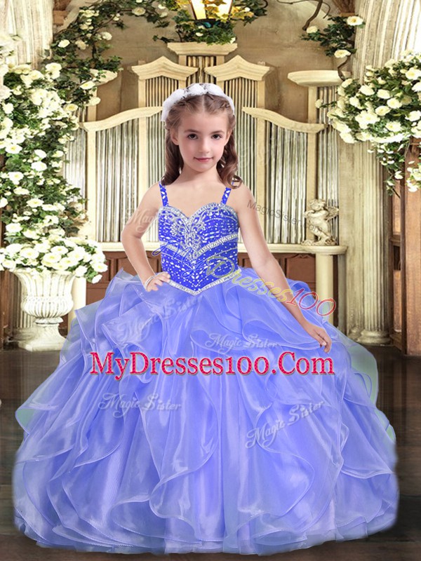 Lavender Straps Neckline Beading and Ruffles Pageant Gowns For Girls Sleeveless Lace Up