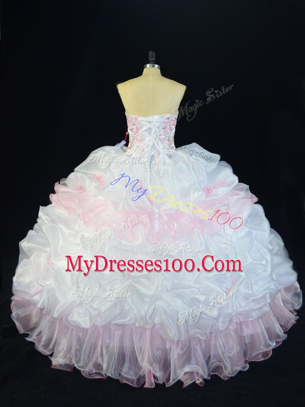 Delicate Floor Length Ball Gowns Sleeveless Pink And White Sweet 16 Quinceanera Dress Lace Up