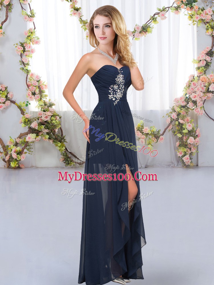 Inexpensive Navy Blue Chiffon Lace Up Bridesmaid Dress Sleeveless Floor Length Beading and Ruffles