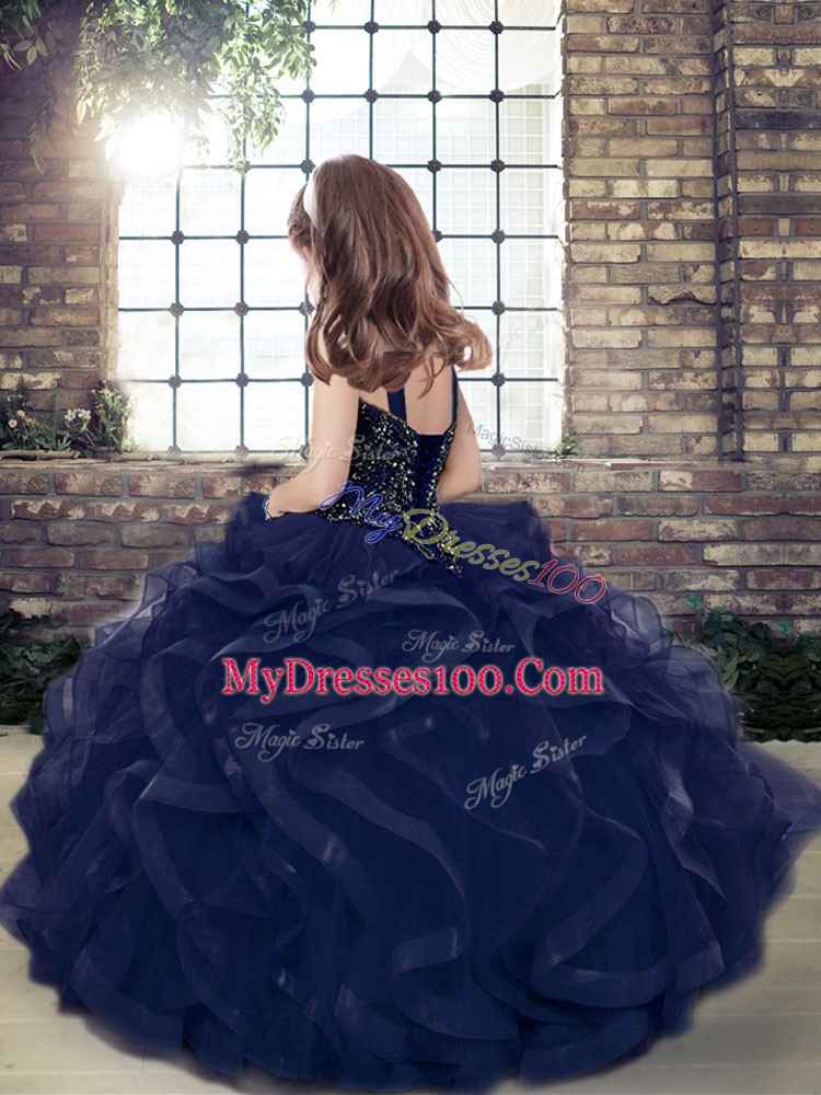 On Sale Purple Lace Up Little Girl Pageant Gowns Beading and Ruffles Sleeveless Floor Length