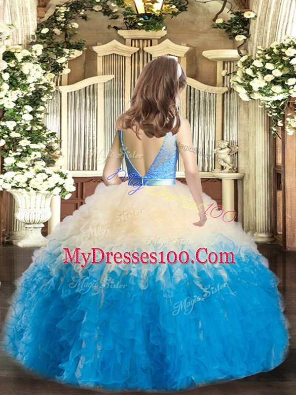 Sleeveless Floor Length Lace and Ruffles Backless Little Girls Pageant Dress with Multi-color