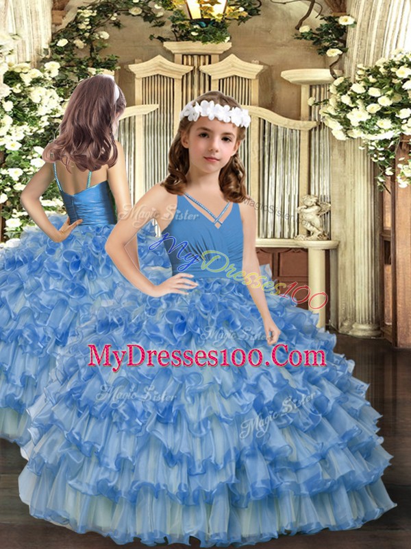 V-neck Sleeveless Zipper Kids Formal Wear Blue Organza