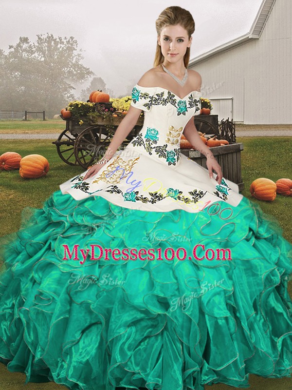 Turquoise Organza Lace Up 15th Birthday Dress Sleeveless Floor Length Embroidery and Ruffles